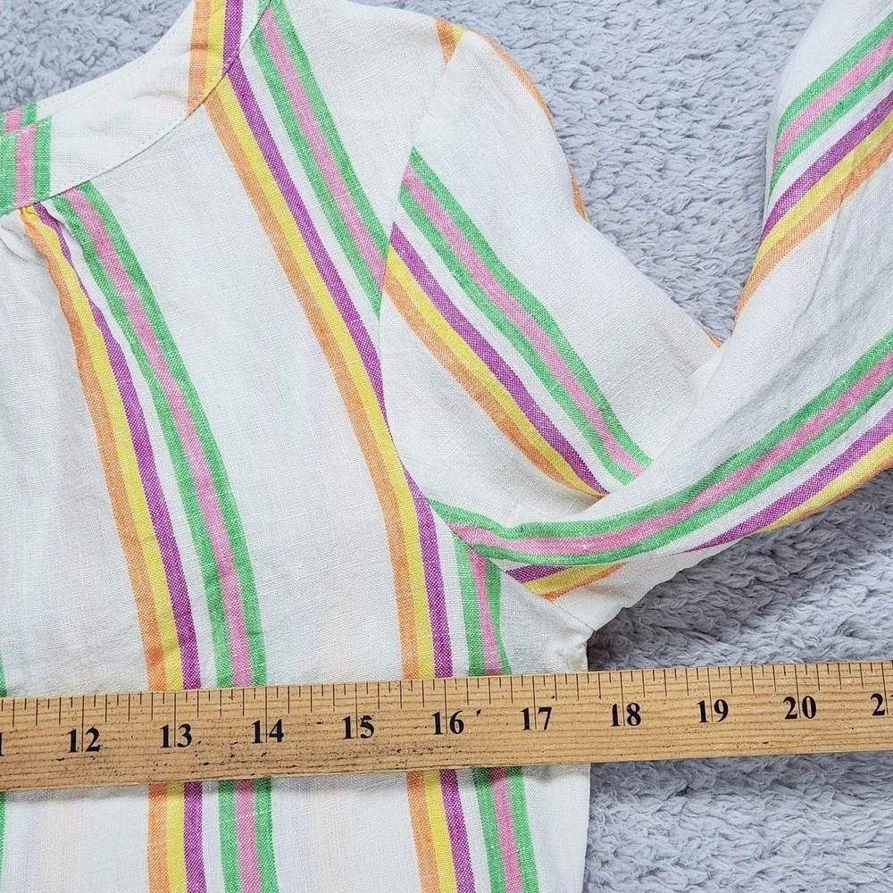 Boden Linen Tunic Blouse Womens 4 Multicolor Stripe 3/4 Sleeve Button Boat Neck - Picture 7 of 12